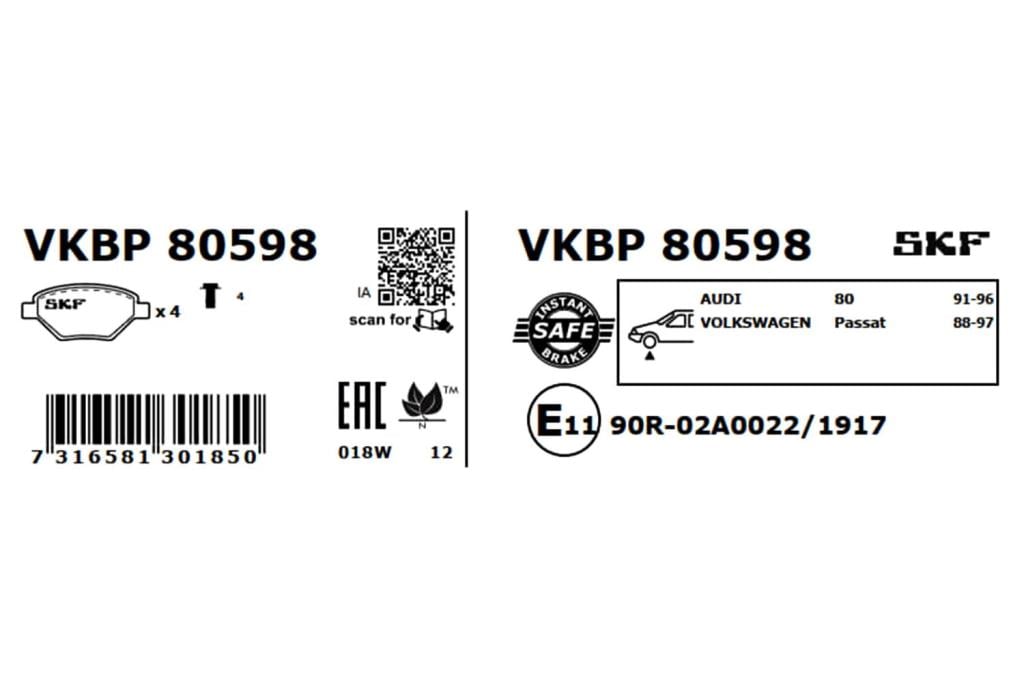 Jogo de 4 pastilhas de travão SKF ref. VKBP 80598